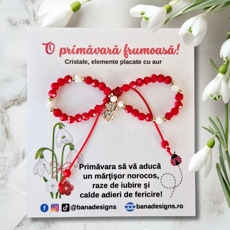 Bratari pentru EA - Bratara martisor cu ursulet, cristale rosii si margele texturate placate cu aur de 18K