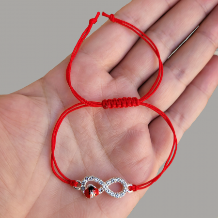 Bratara Martisor infinit argintiu cu buburuza si cristale, cu snur ajustabil [7]