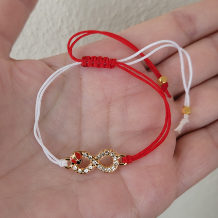 Bratara Martisor infinit auriu cu buburuza si cristale, cu snur ajustabil [4]