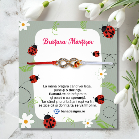 Bratara Martisor infinit auriu cu buburuza si cristale, cu snur ajustabil [1]