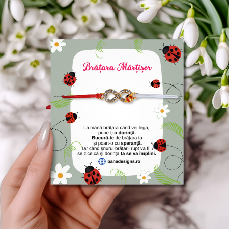 Bratara Martisor infinit auriu cu buburuza si cristale, cu snur ajustabil [0]