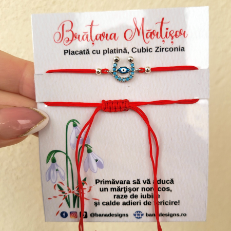 Bratara Martisor potcoava cu ochi protector, placata cu aur, decorata cu cristale Cubic Zirconia, culoare turcoaz, cu snur ajustabil [2]