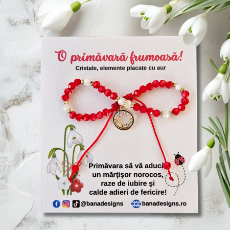 Bratari pentru EA - Bratara martisor cu emoticon smiley, cristale rosii si margele texturate placate cu aur de 18K