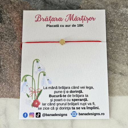 Bratara martisor cu charm trifoi placat cu aur aur de 18K,  snur rosu [1]