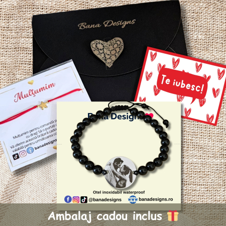 Brățară personalizată cu fotografie gravată pe bănuț din inox 304, onix negru natural 6 mm, șnur reglabil. Cadou elegant, premium și plin de semnificație. [2]
