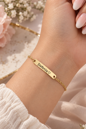 Bratari Cuplu - Brățară Personalizată cu Nume și Inimioară, Oțel Inoxidabil Placat cu Aur 18K