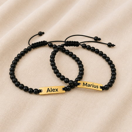 Brățară personalizată din inox IP waterproof cu nume, simbol și onix negru 4mm. Gravură laser, șnur reglabil, ambalaj elegant și felicitare opțională. [8]