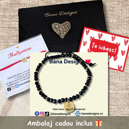 Brățară Personalizată din Inox Waterproof cu Cristale Negre, cu Nume Gravat [3]