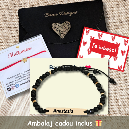 Bratara placata cu aur de 18K personalizata cu nume, cristale negre [5]