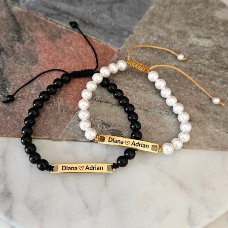 Set de 2 Brățări Personalizate pentru Cuplu – Gravură Laser pe Inox Auriu IP, Onix Negru & Perle Shell [8]