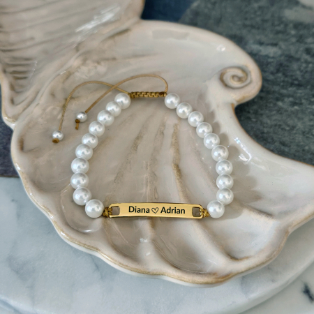 Set de 2 Brățări Personalizate pentru Cuplu – Gravură Laser pe Inox Auriu IP, Onix Negru & Perle Shell [6]