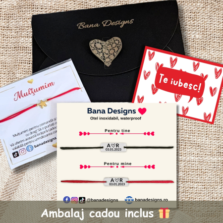 Set de 2 brățări pentru cuplu din inox waterproof, gravate cu inițiale, inimioară și dată. Șnur mătăsos ajustabil, ambalaj elegant și opțiune cadou. [3]