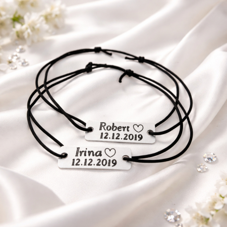 Bratari personalizate pentru cuplu gravate cu nume si data pe placuta din aluminiu, cu inchidere ajustabila [1]