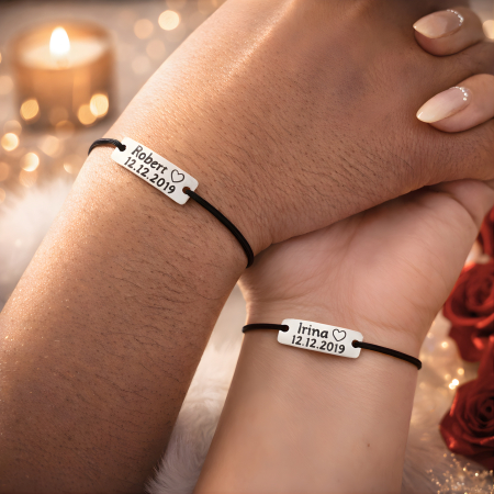 Bratari Cuplu - Bratari personalizate pentru cuplu gravate cu nume si data pe placuta din aluminiu, cu inchidere ajustabila