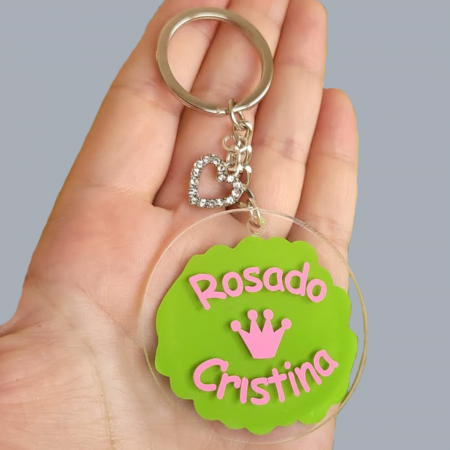 Brelocuri - Breloc personalizat acrilic, cu 2 nume, coronita si inimioara cu cristale rhinestones