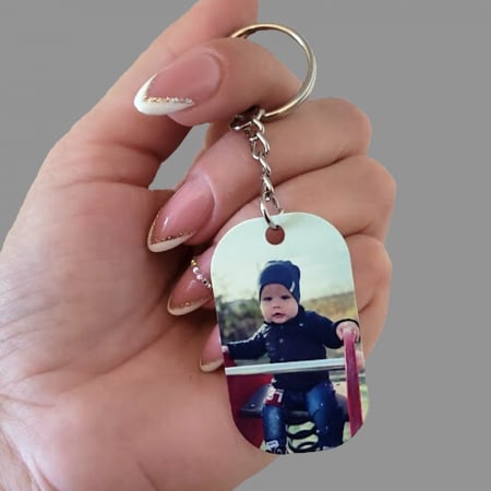 Breloc personalizat cu fotografie pe fata si mesaj pe spate, cadou pentru tata