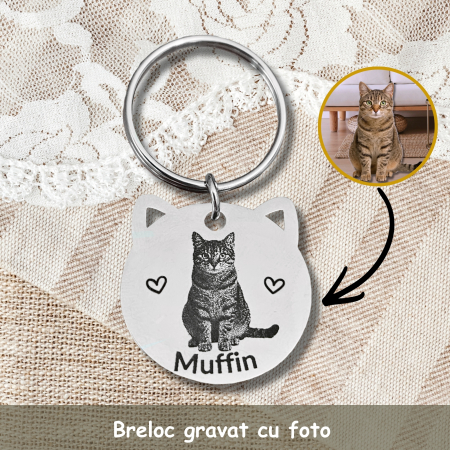 Brelocuri - Medalion Personalizat Pisică cu Poză, Breloc Inox Gravat Foto, Medalion Animal de Companie, Cadou Iubitori de Pisici