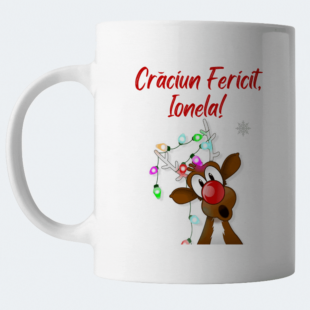 Cadouri pentru Craciun - Cana Craciun personalizata cu nume si urare de sarbatori, Craciun Fericit, cu ren cu lumini