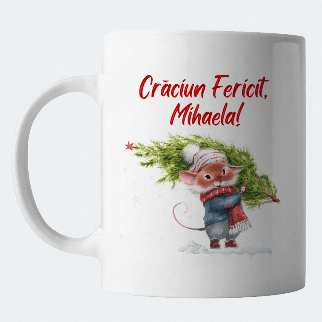 Cadouri pentru Craciun - Cana Craciun personalizata cu nume si urare de sarbatori, Craciun Fericit, cu soricel si brad de Craciun