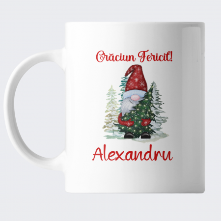 Cana Craciun personalizata cu nume si urare, Craciun Fericit, cu gnom si brad de Craciun [1]