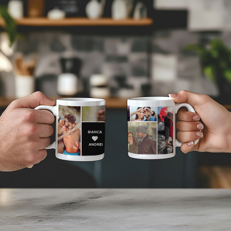 Cana personalizată cu 5 fotografii și text - Cadoul perfect pentru cuplu