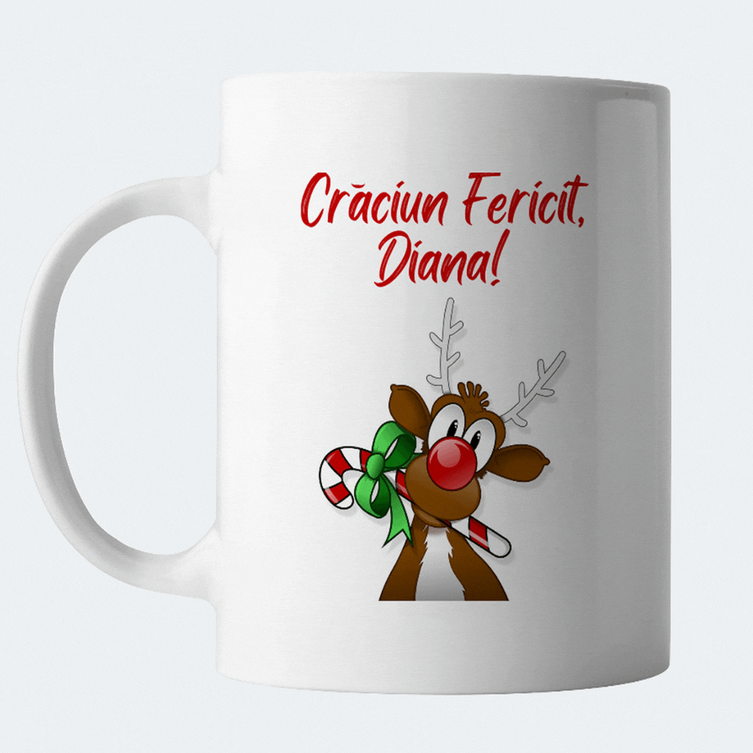 Cadouri pentru Craciun - Cana Craciun personalizata cu nume si urare de sarbatori, Craciun Fericit, cu ren