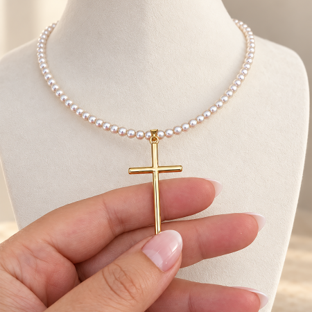 Colier cu perle shell de 4 mm și cruce placată cu aur de 18K [2]