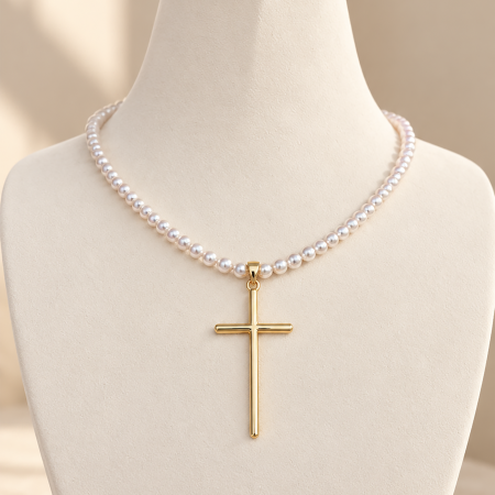 Bijuterii - Colier cu perle shell de 4 mm și cruce placată cu aur de 18K