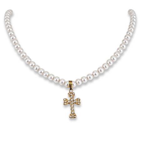 Colier din perle naturale shell albe, cu pandant cruce zirconia, inox auriu [1]