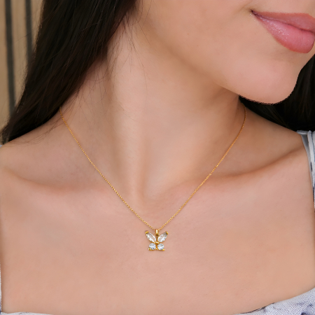 Coliere - Colier pandant fluturas placat cu aur, incrustat cristale Cubic Zirconia