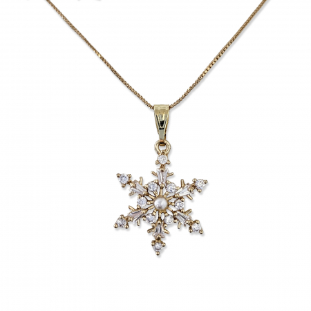 Colier placat cu aur, cu pandant fulg de nea cu cristale Cubic Zirconia si perluta [2]