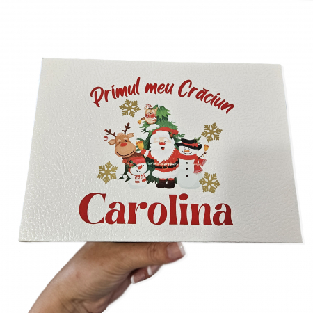 Cutie cadou Craciun, personalizata cu Primul meu Craciun si nume, culoare crem, texturata [2]