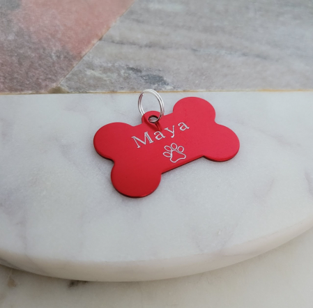 Dog tag personalizat in forma de os, cu nume si simbol, gravate pe os din aluminiu [3]