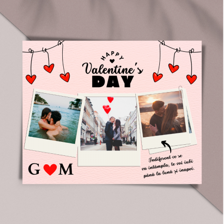Impachetare Cadou - Felicitare Happy Valentine's Day cu 3 fotografii, initiale si mesaj de dragoste, pentru ziua indragostitilor