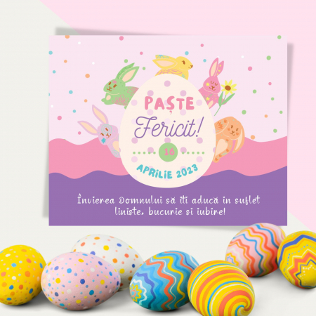 Cadouri pentru Paste - Felicitare Paste Fericit, cu iepurasi si urare de paste