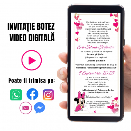 Invitatii botez - Invitatie botez, invitatie minnie video digitala botez pentru fetita
