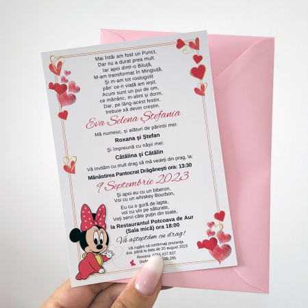 Invitatie botez pentru fetita cu minnie in nuante roz si auriu cu plic roz [3]