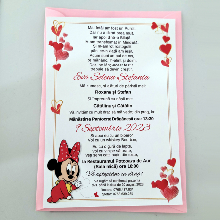 Invitatie botez pentru fetita cu minnie in nuante roz si auriu cu plic roz [4]