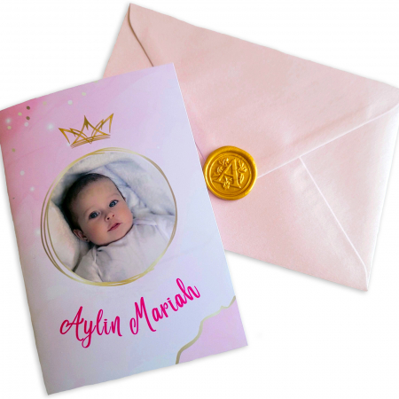 Invitatii botez - Invitatie botez pentru fetita personalizata cu fotografie, plic si sigiliu, model felicitare in nuante roz si auriu