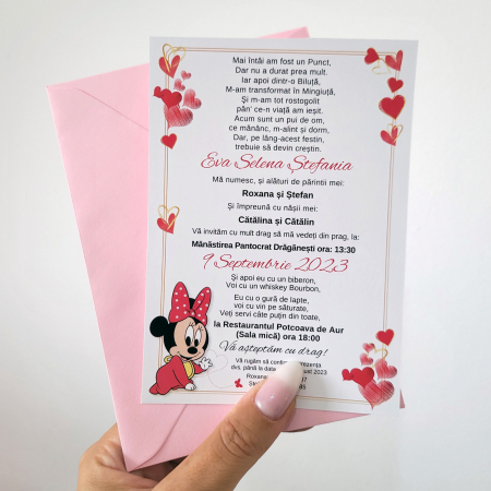 Invitatii botez - Invitatie botez pentru fetita cu minnie in nuante roz si auriu cu plic roz