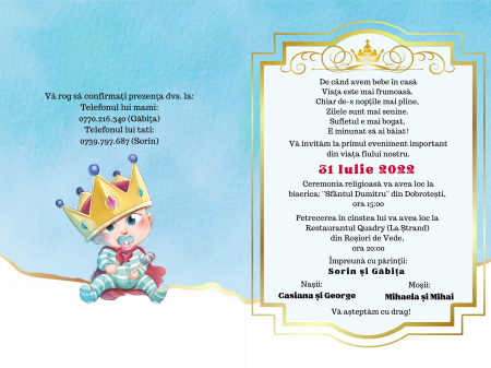 Invitatie botez pentru baietel, personalizata cu fotografie, plic si sigiliu, model felicitare in nuante albastru si auriu [6]