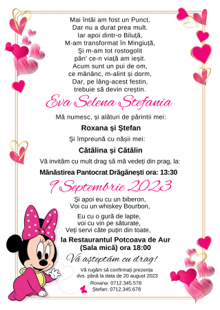 Invitatie digitala botez pentru fetita cu minnie in nuante roz si auriu [1]