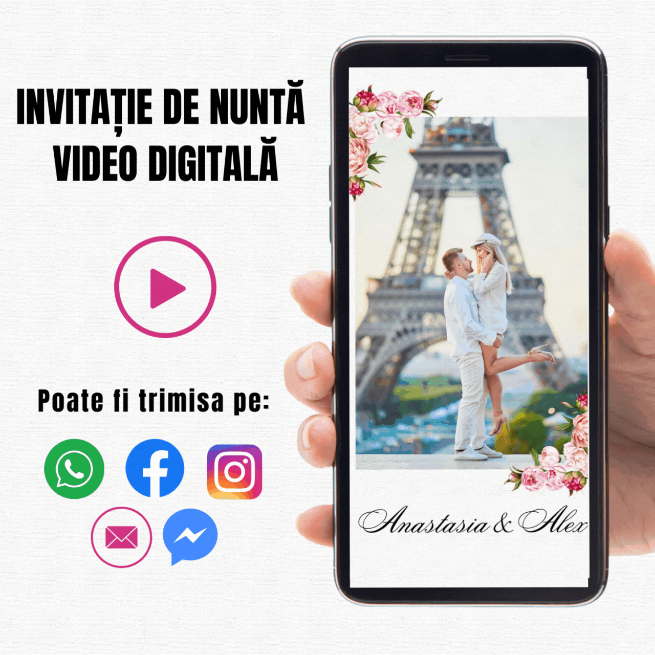 Invitatii Digitale Nunta - Invitatie de nunta digitala video, personalizata cu fotografie, tematica florala