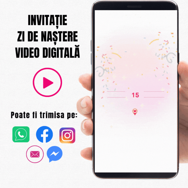 Invitatii Digitale - Invitație digitală animata pentru ziua de naștere a fetiței tale – tematică roz cu baloane și confetti