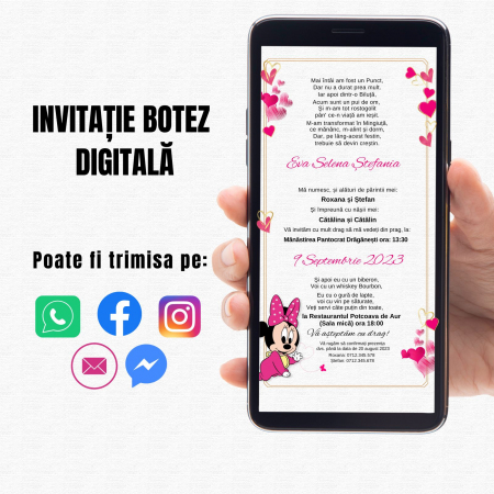 Invitatii botez - Invitatie digitala botez pentru fetita cu minnie in nuante roz si auriu