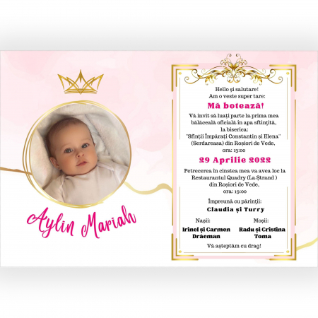 Invitatii botez - Invitatie digitala pentru botez de fetita, cu fotografie, roz si auriu