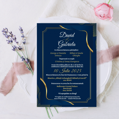Invitatii Digitale Nunta - Invitatie digitala pentru nunta, Invitatie electronica, albastru cu auriu