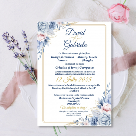 Invitatii Digitale Nunta - Invitatie digitala pentru nunta, Invitatie electronica, cu flori albastre auriu