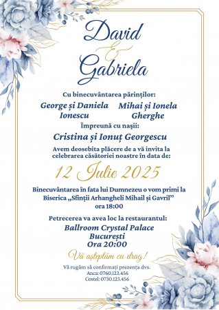 Invitatie digitala pentru nunta, Invitatie electronica, cu flori albastre auriu [1]