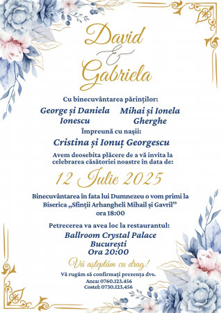 Invitatie digitala pentru nunta, Invitatie electronica, cu flori albastre auriu [1]
